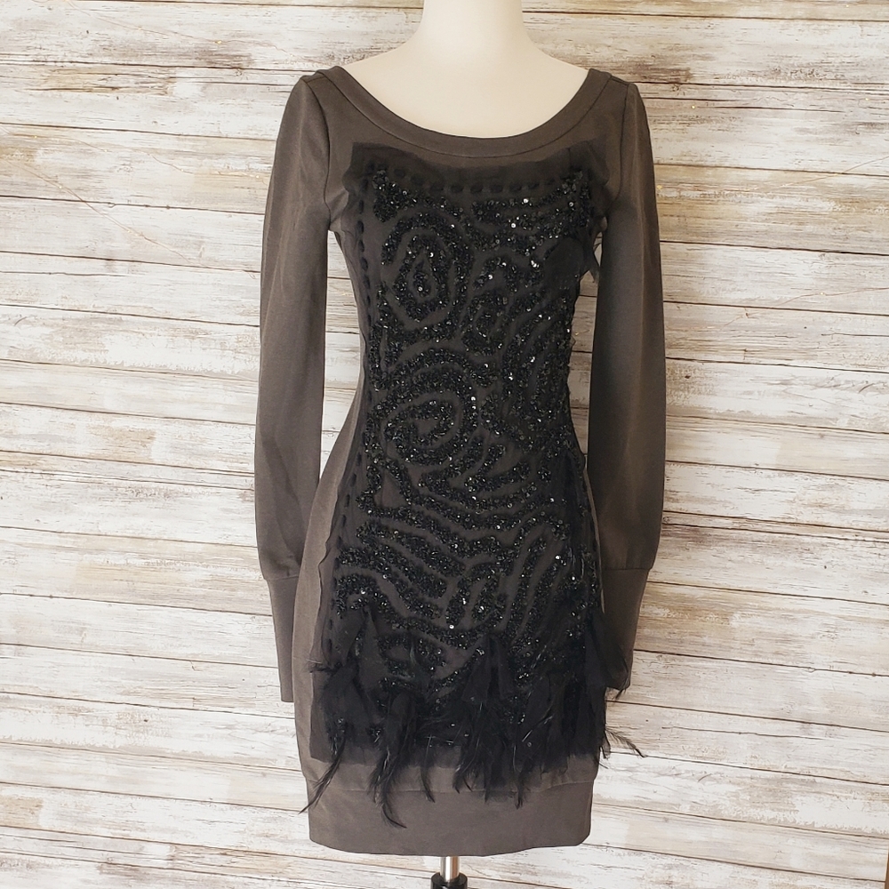 Foley + Corinna Beaded Feather Long Sleeve Dress